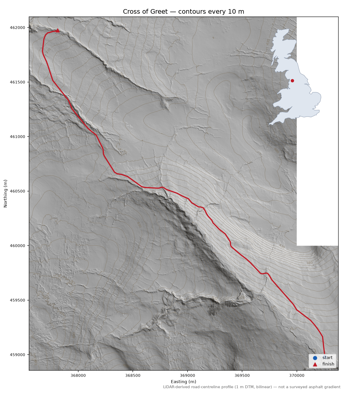 Cross of Greet LiDAR hillshade map with contours