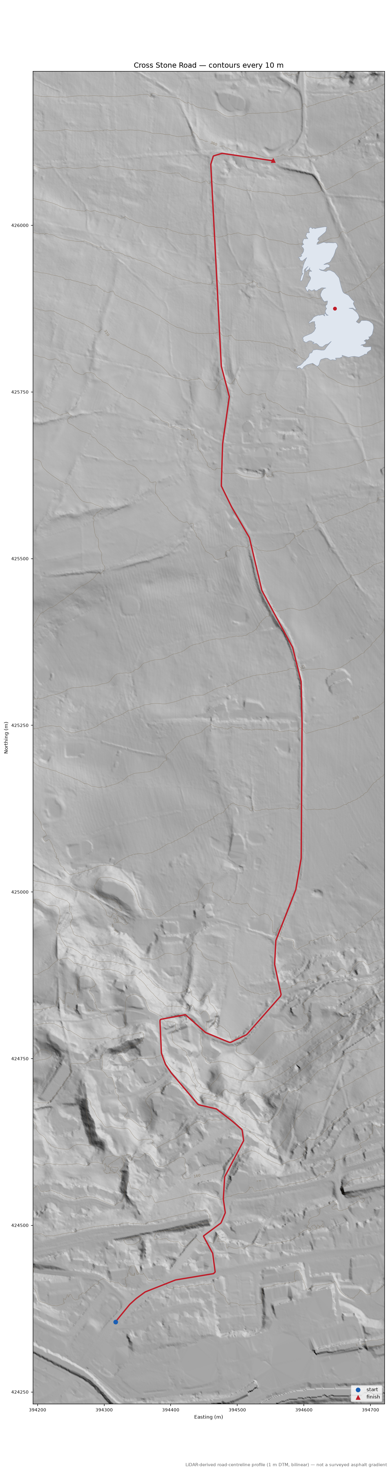 Cross Stone Road LiDAR hillshade map with contours