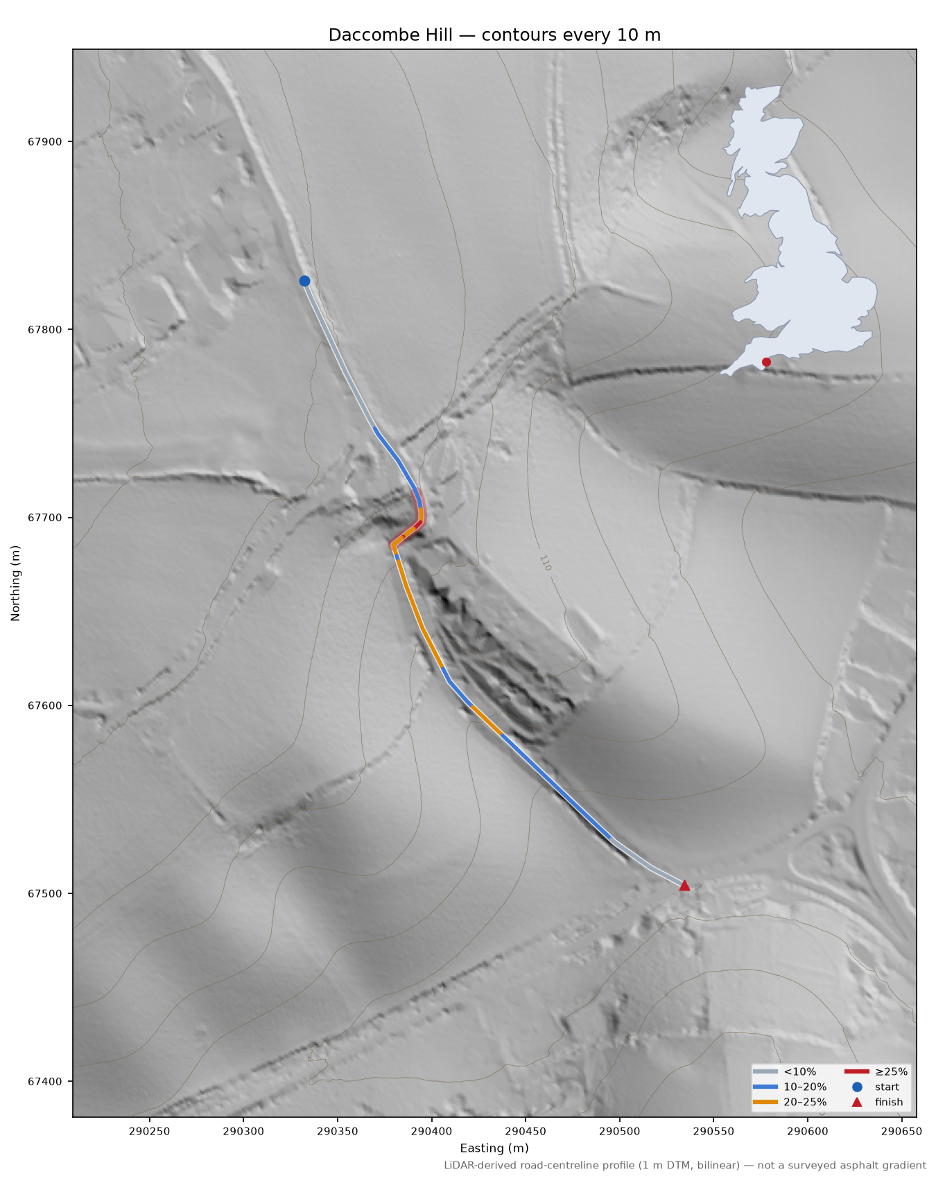 Daccombe Hill LiDAR hillshade map with contours