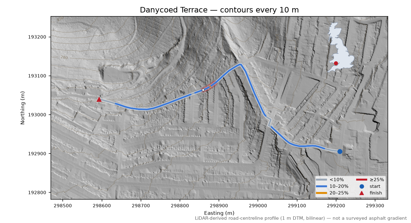 Danycoed Terrace LiDAR hillshade map with contours