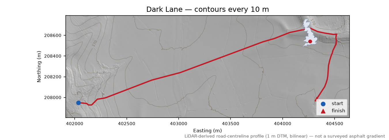 Dark Lane LiDAR hillshade map with contours