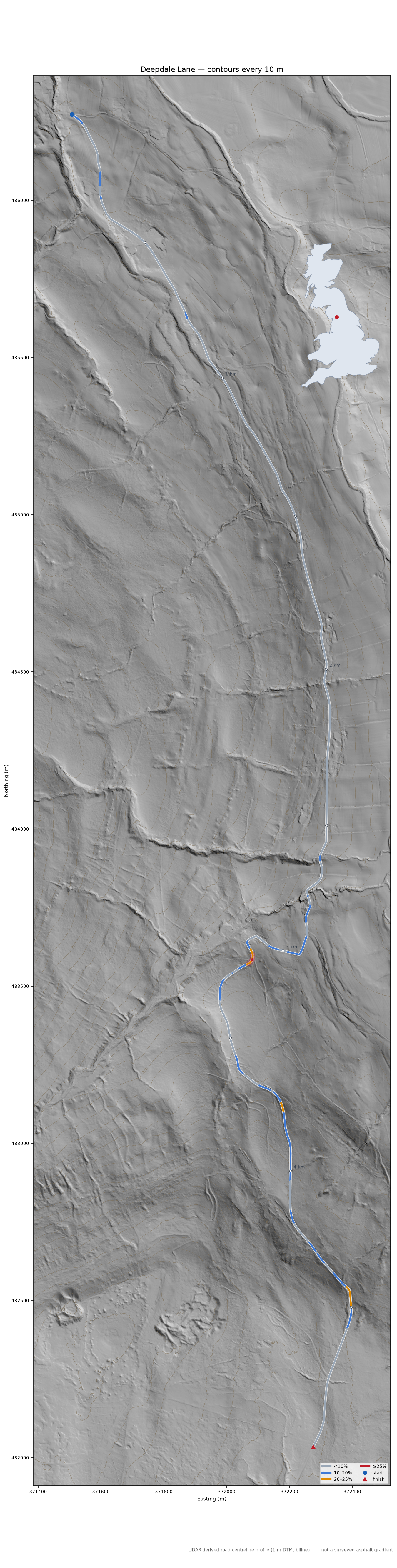 Deepdale Lane LiDAR hillshade map with contours