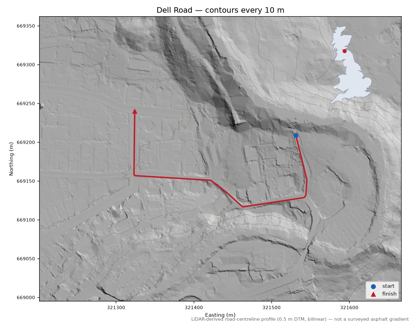 Dell Road LiDAR hillshade map with contours