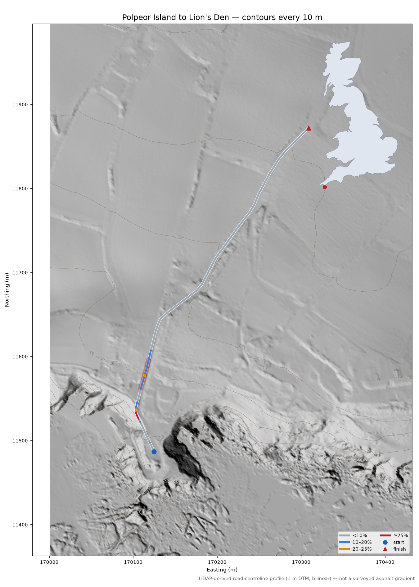 Polpeor Island to Lion's Den LiDAR hillshade map with contours