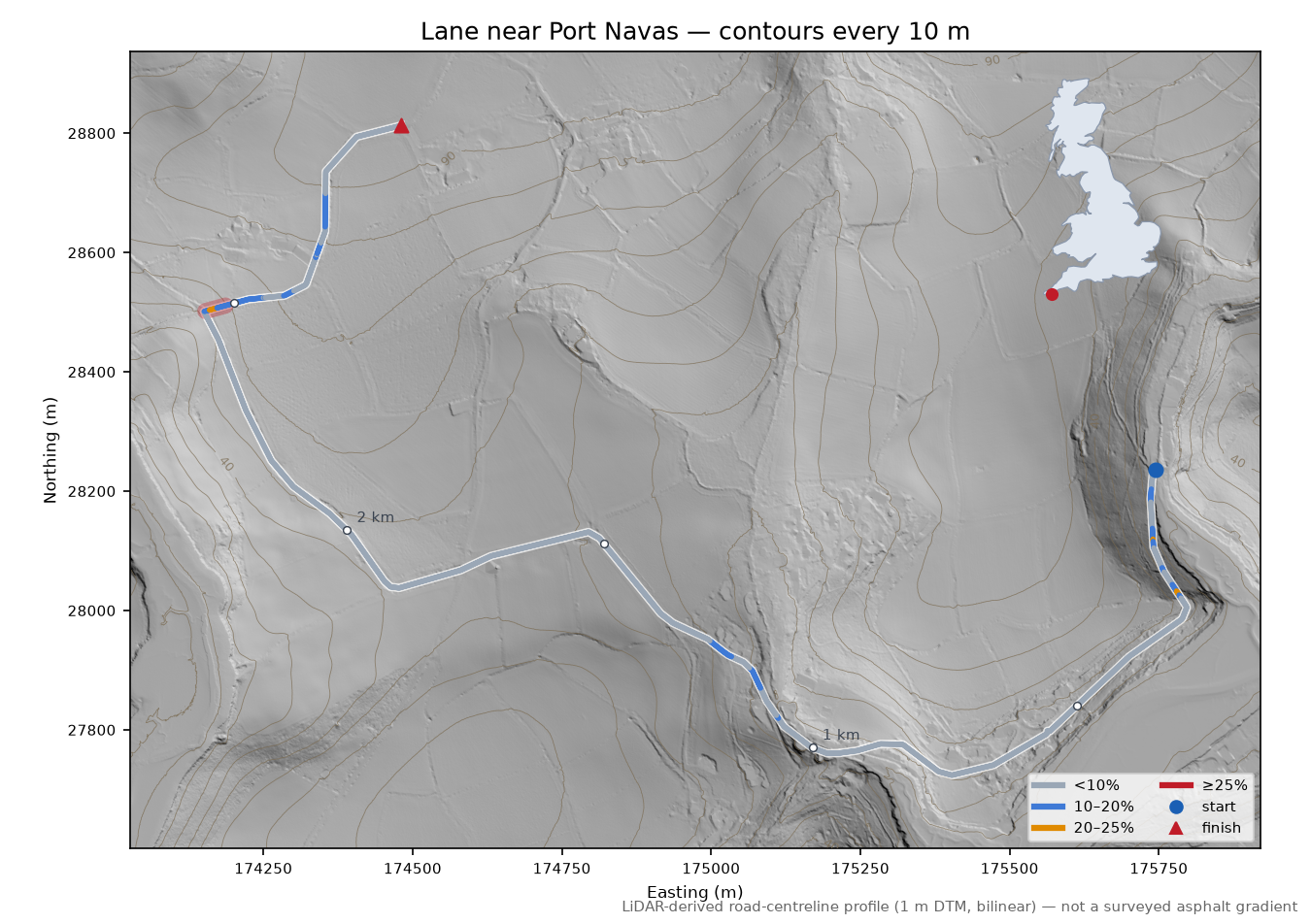 Lane near Port Navas LiDAR hillshade map with contours