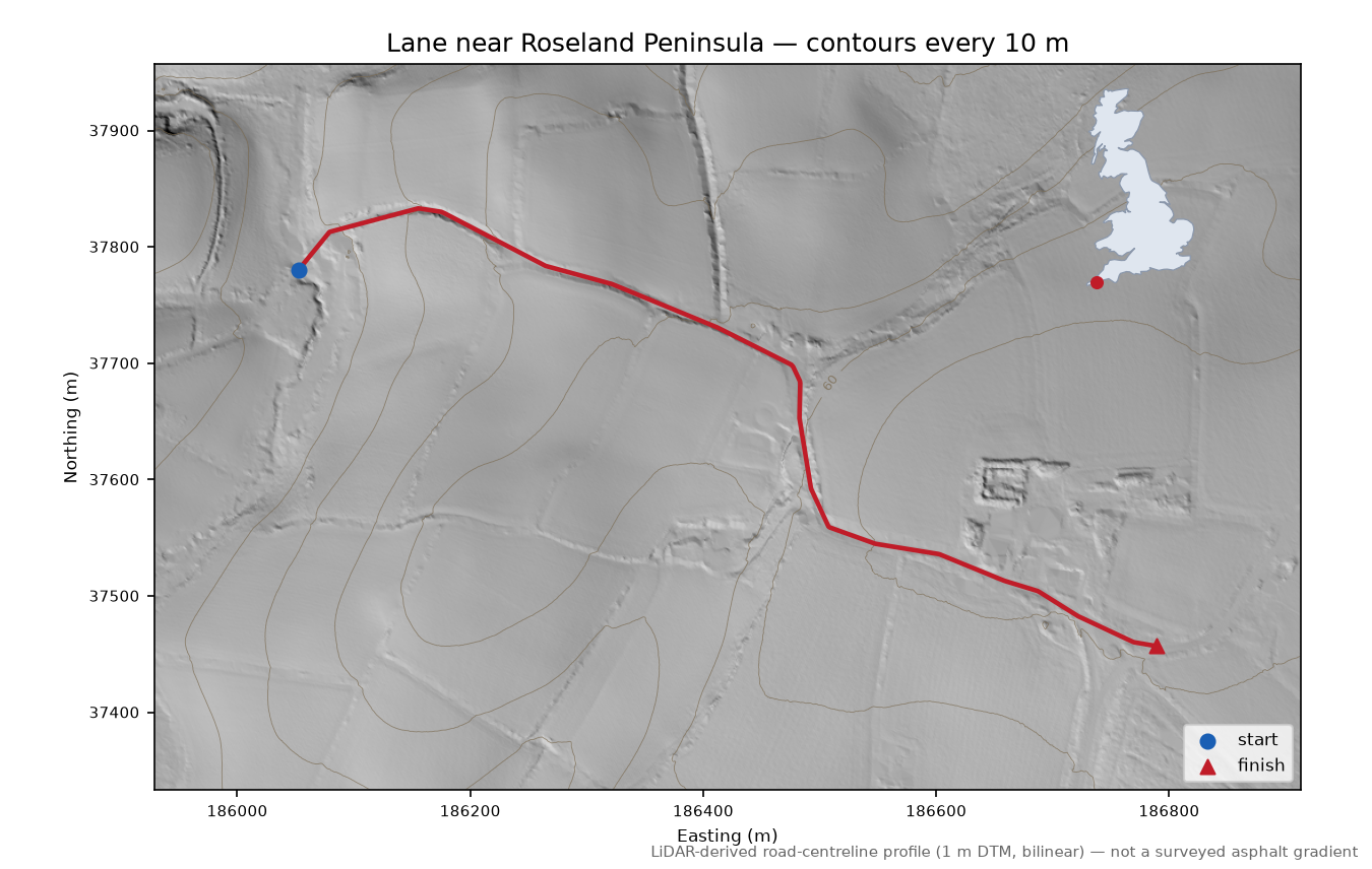 Lane near Roseland Peninsula LiDAR hillshade map with contours