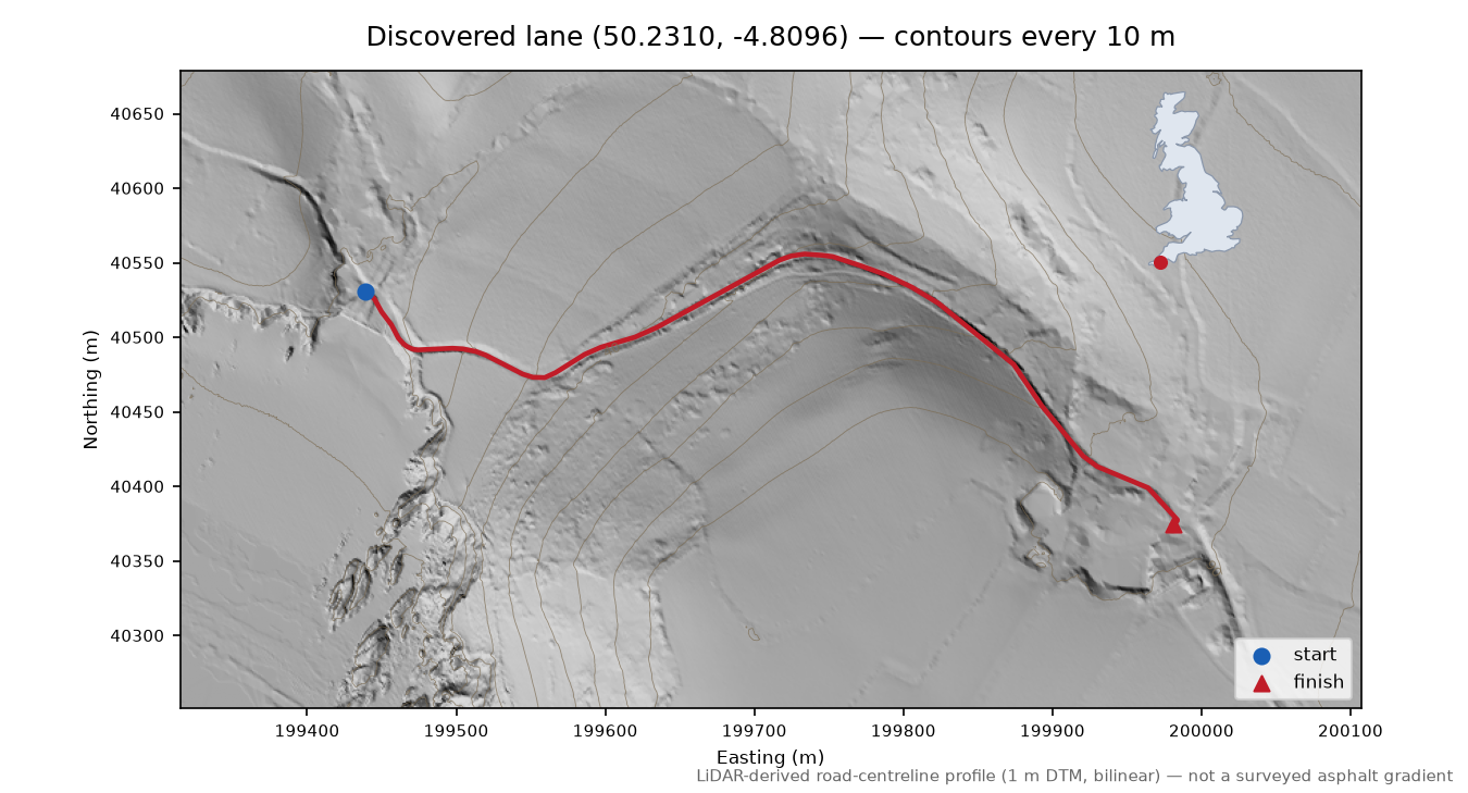 Discovered lane (50.2310, -4.8096) LiDAR hillshade map with contours