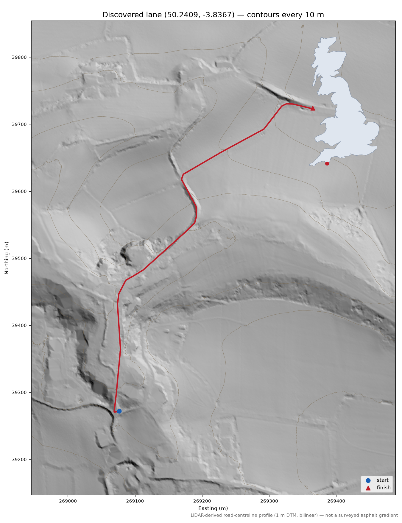 Discovered lane (50.2409, -3.8367) LiDAR hillshade map with contours