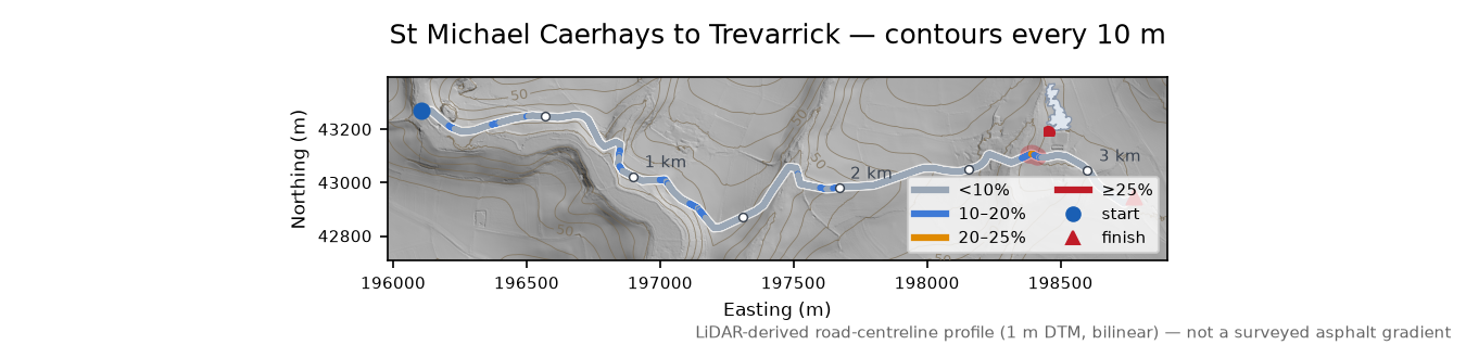 St Michael Caerhays to Trevarrick LiDAR hillshade map with contours