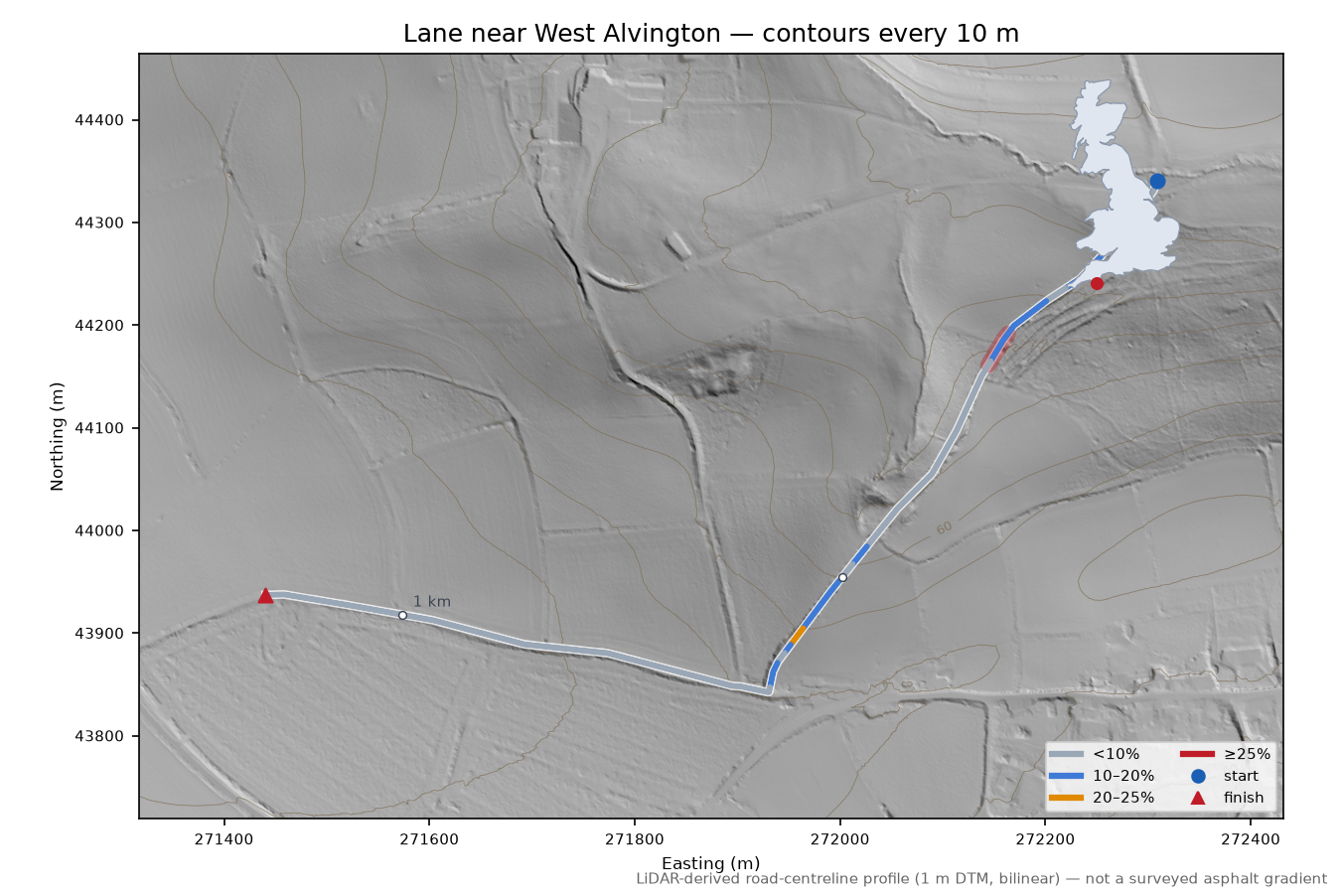 Lane near West Alvington LiDAR hillshade map with contours