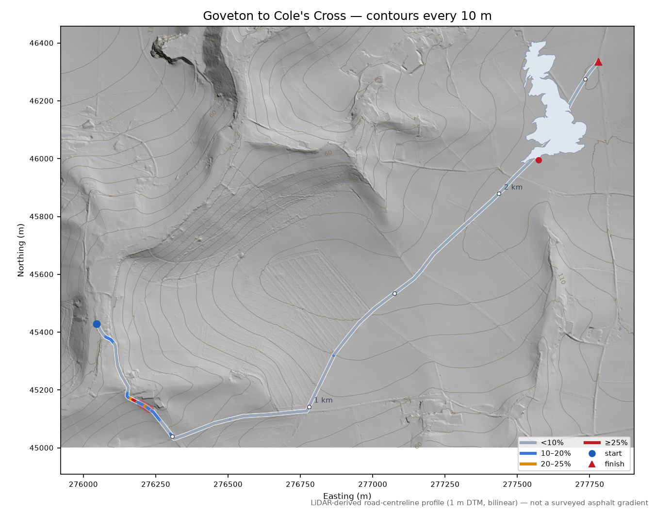 Goveton to Cole's Cross LiDAR hillshade map with contours