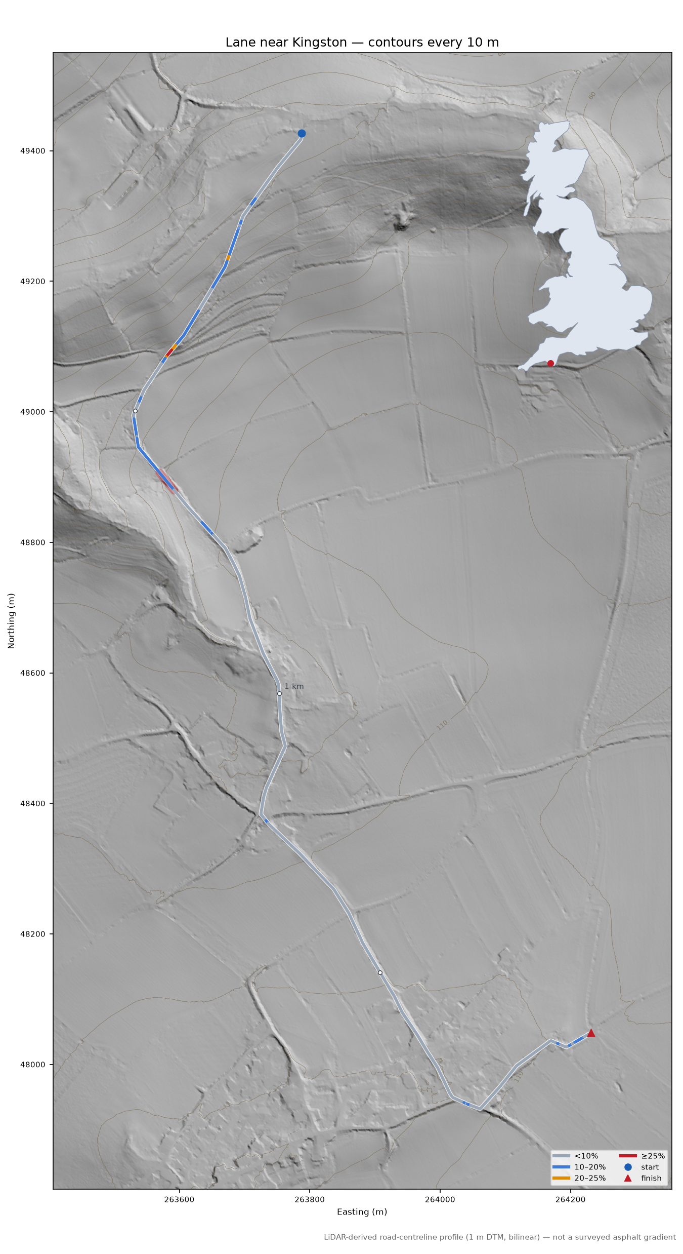 Lane near Kingston LiDAR hillshade map with contours