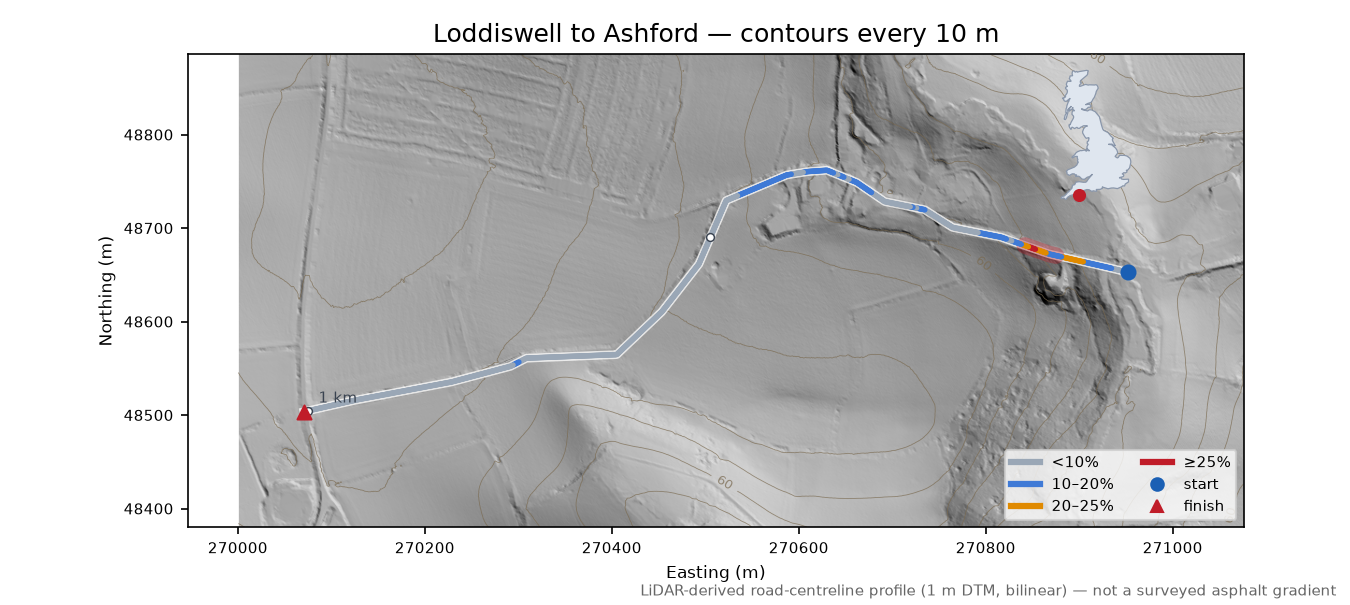 Loddiswell to Ashford LiDAR hillshade map with contours