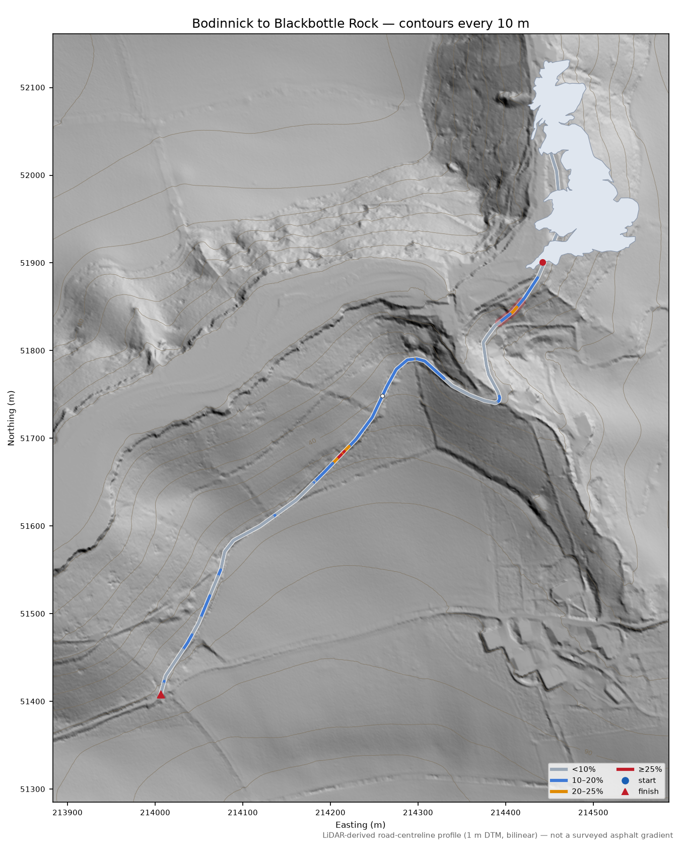 Bodinnick to Blackbottle Rock LiDAR hillshade map with contours