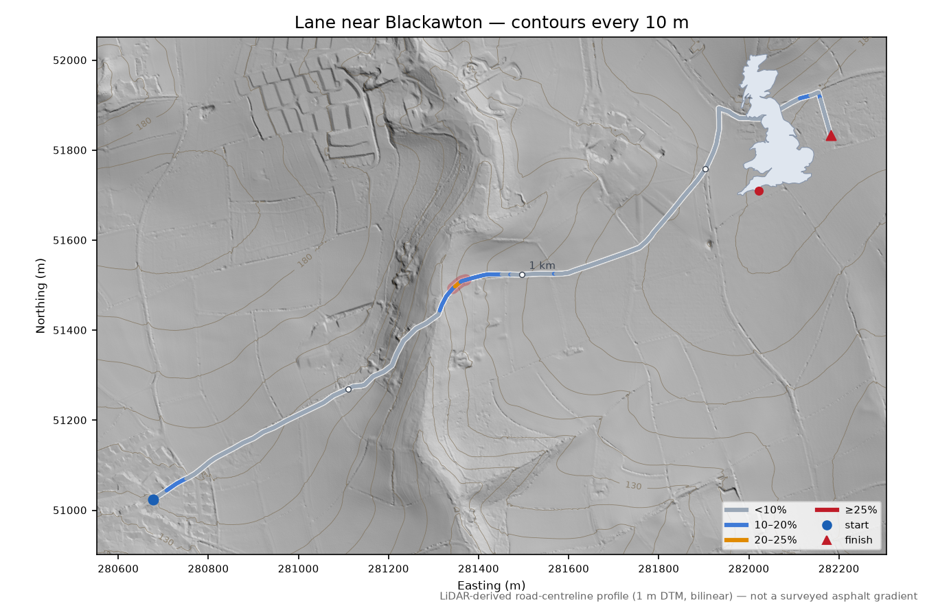 Lane near Blackawton LiDAR hillshade map with contours