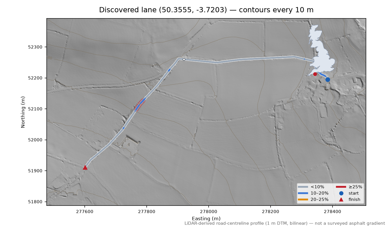 Discovered lane (50.3555, -3.7203) LiDAR hillshade map with contours