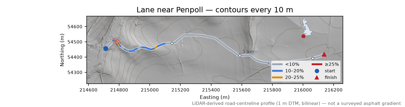 Lane near Penpoll LiDAR hillshade map with contours