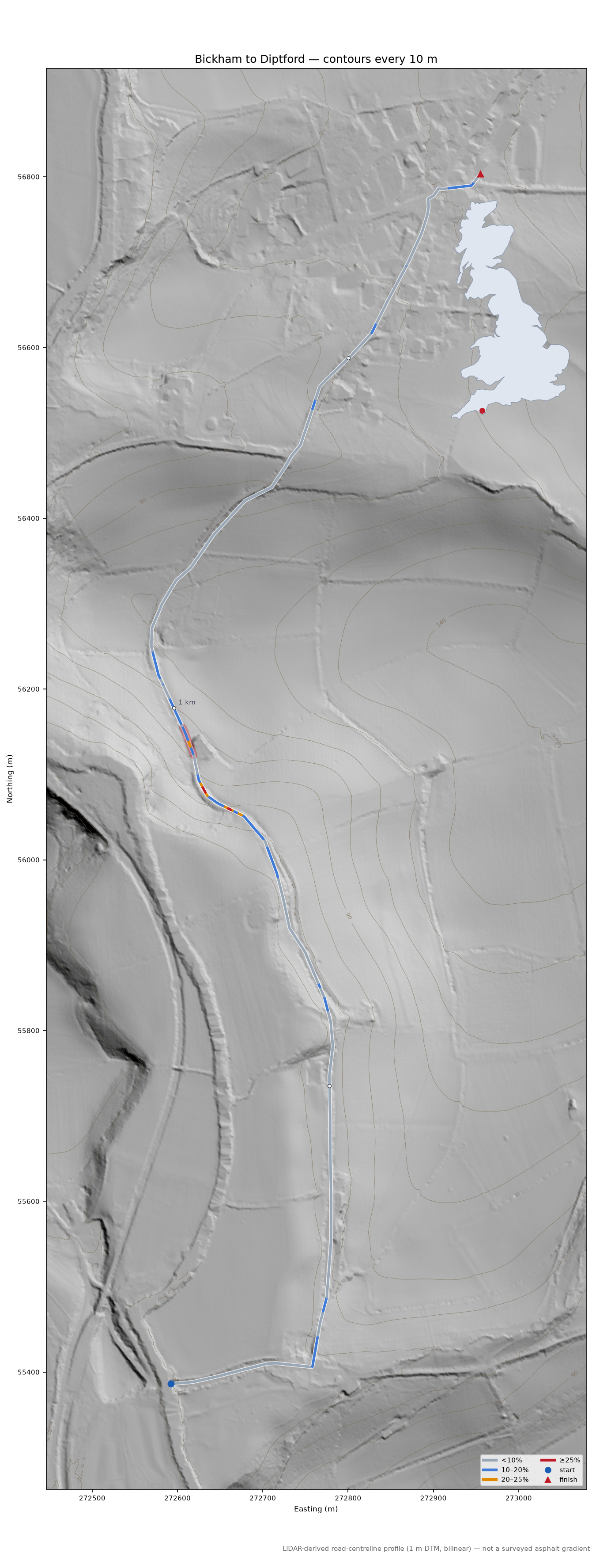 Bickham to Diptford LiDAR hillshade map with contours