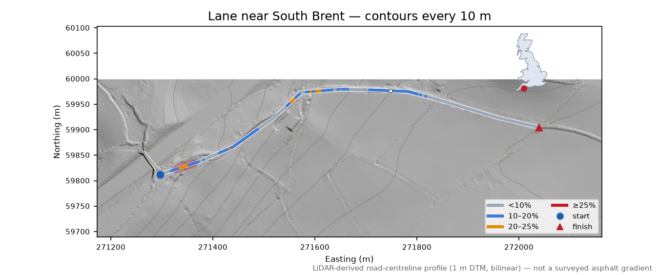 Lane near South Brent LiDAR hillshade map with contours