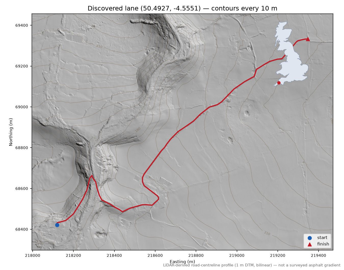 Discovered lane (50.4927, -4.5551) LiDAR hillshade map with contours
