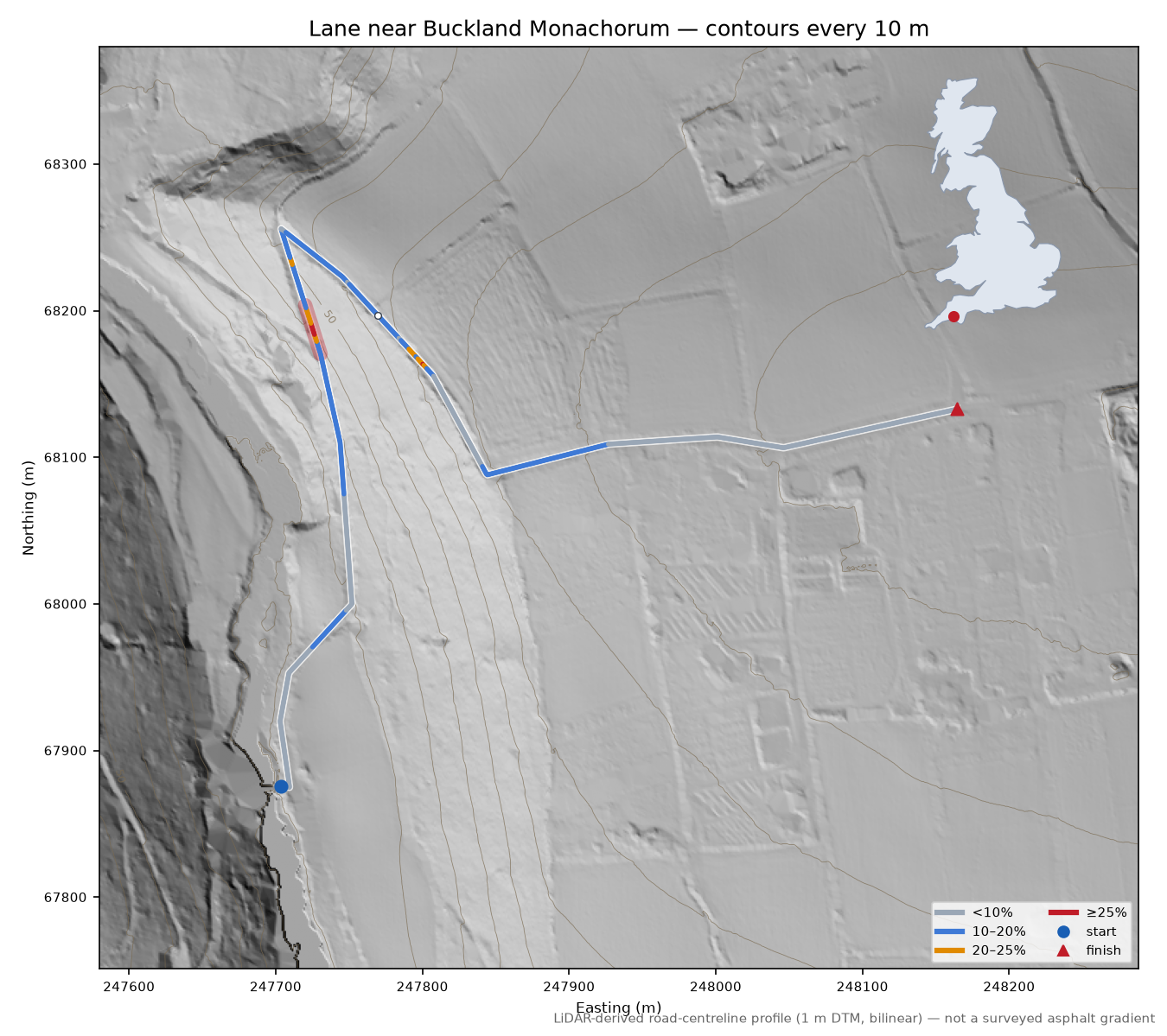 Lane near Buckland Monachorum LiDAR hillshade map with contours