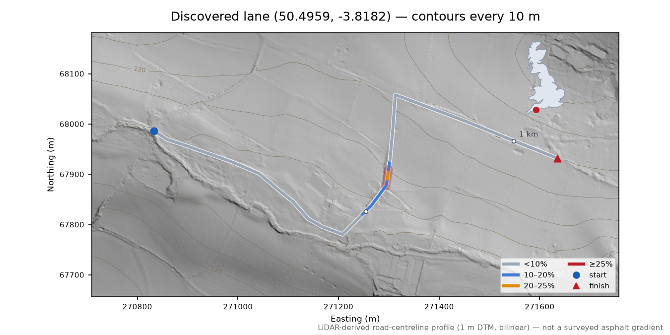 Discovered lane (50.4959, -3.8182) LiDAR hillshade map with contours
