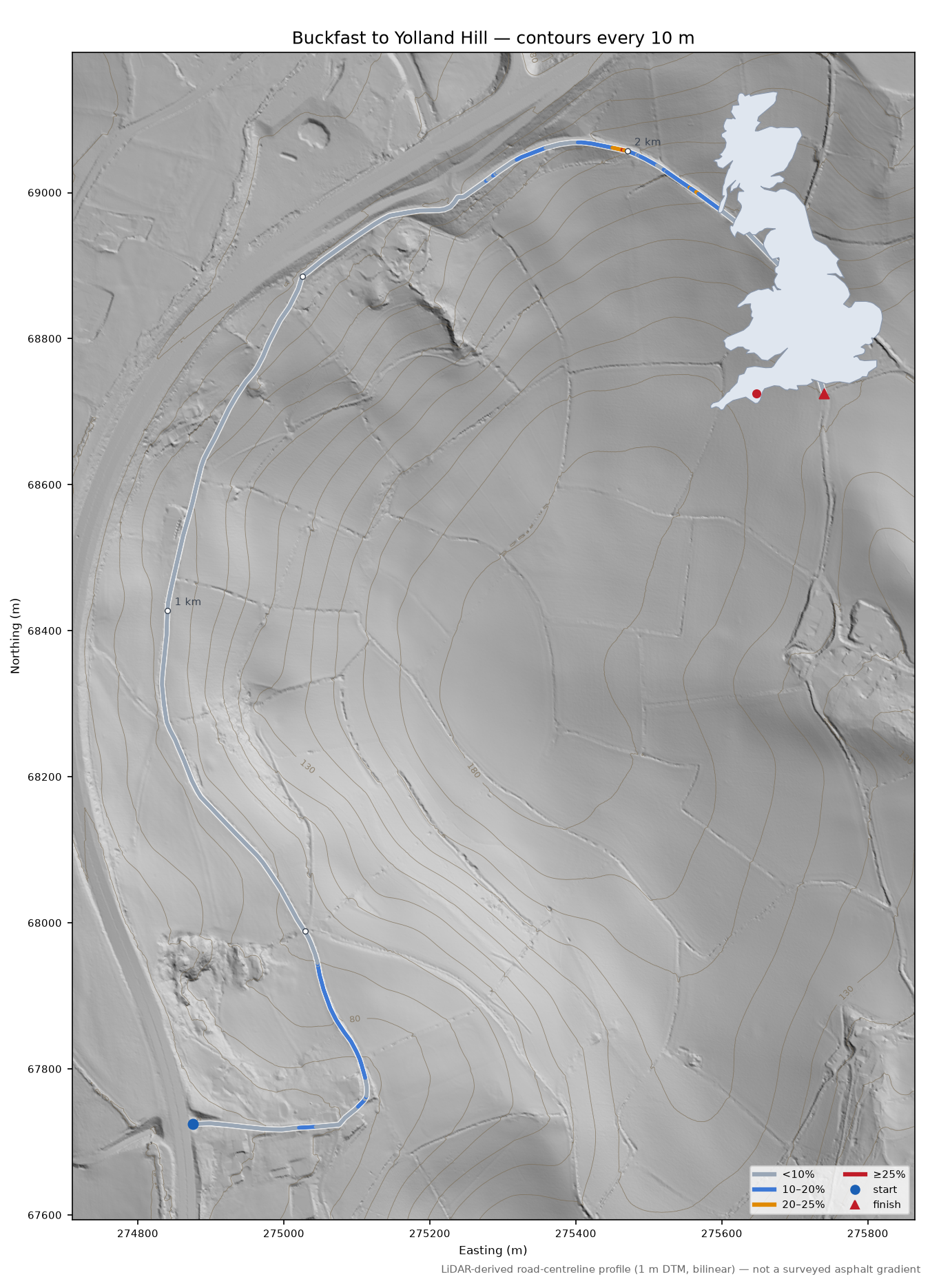 Buckfast to Yolland Hill LiDAR hillshade map with contours
