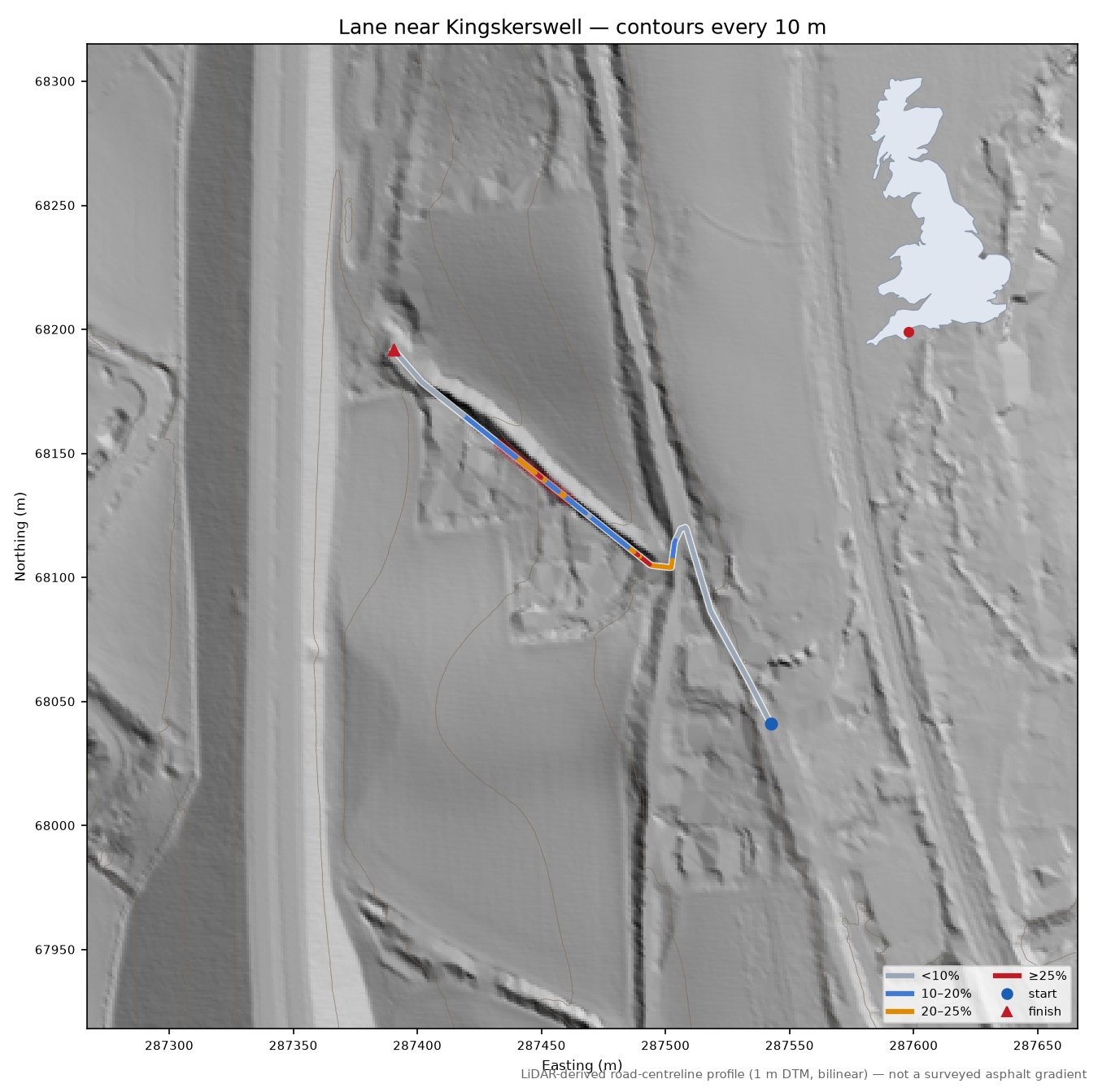 Lane near Kingskerswell LiDAR hillshade map with contours