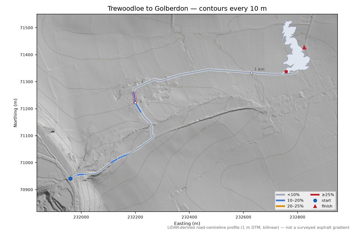 Trewoodloe to Golberdon LiDAR hillshade map with contours