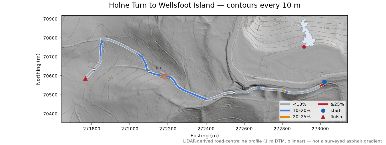 Holne Turn to Wellsfoot Island LiDAR hillshade map with contours
