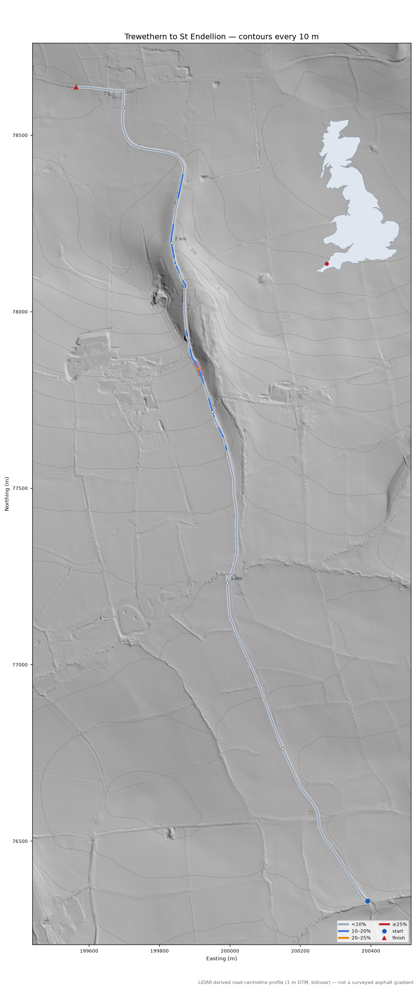 Trewethern to St Endellion LiDAR hillshade map with contours