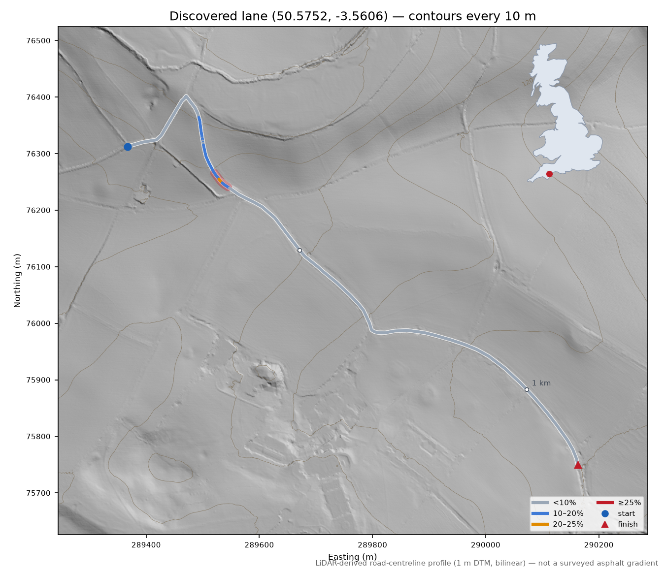 Discovered lane (50.5752, -3.5606) LiDAR hillshade map with contours