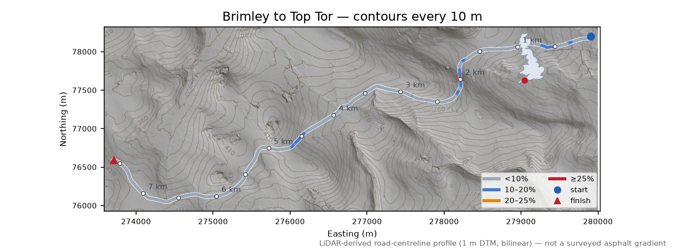 Brimley to Top Tor LiDAR hillshade map with contours