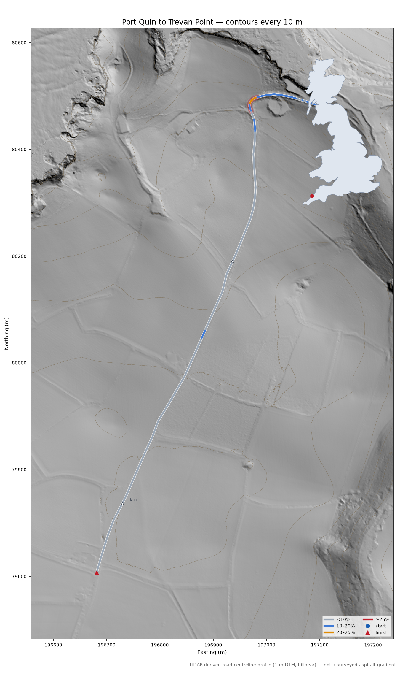 Port Quin to Trevan Point LiDAR hillshade map with contours