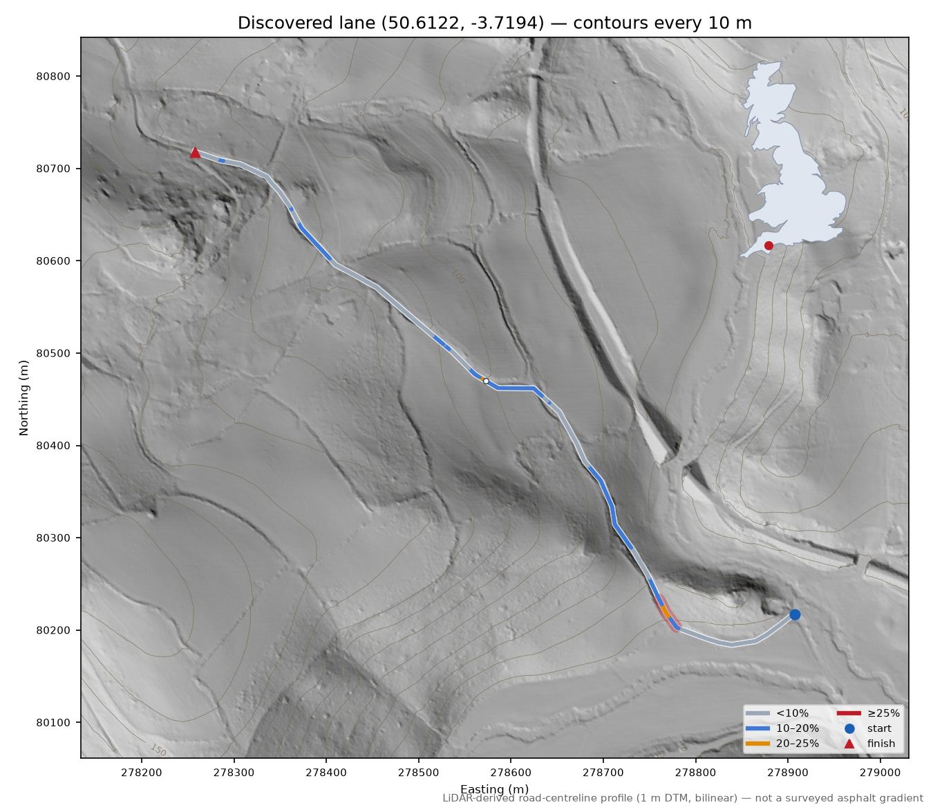 Discovered lane (50.6122, -3.7194) LiDAR hillshade map with contours