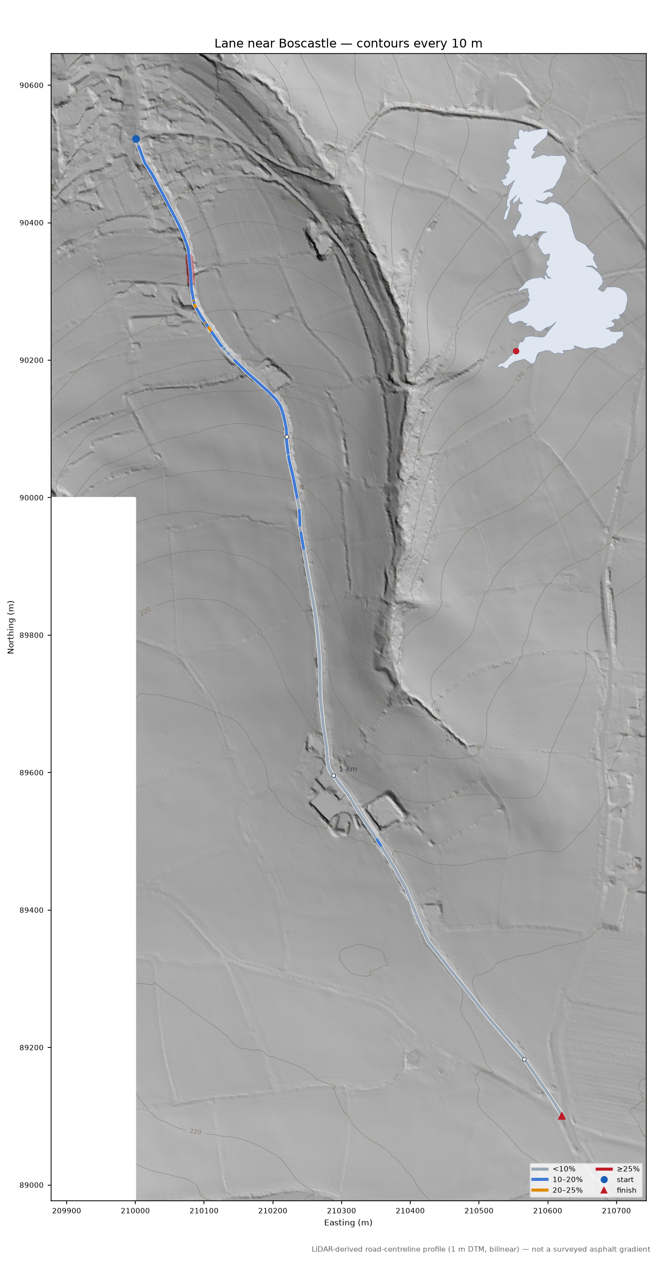 Lane near Boscastle LiDAR hillshade map with contours