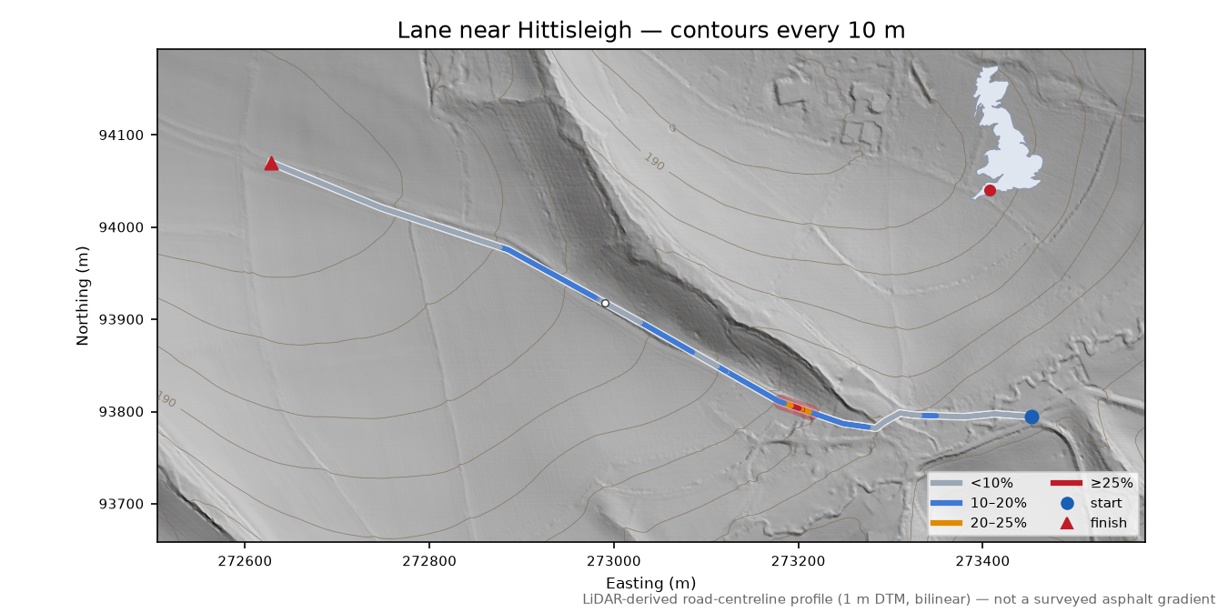 Lane near Hittisleigh LiDAR hillshade map with contours