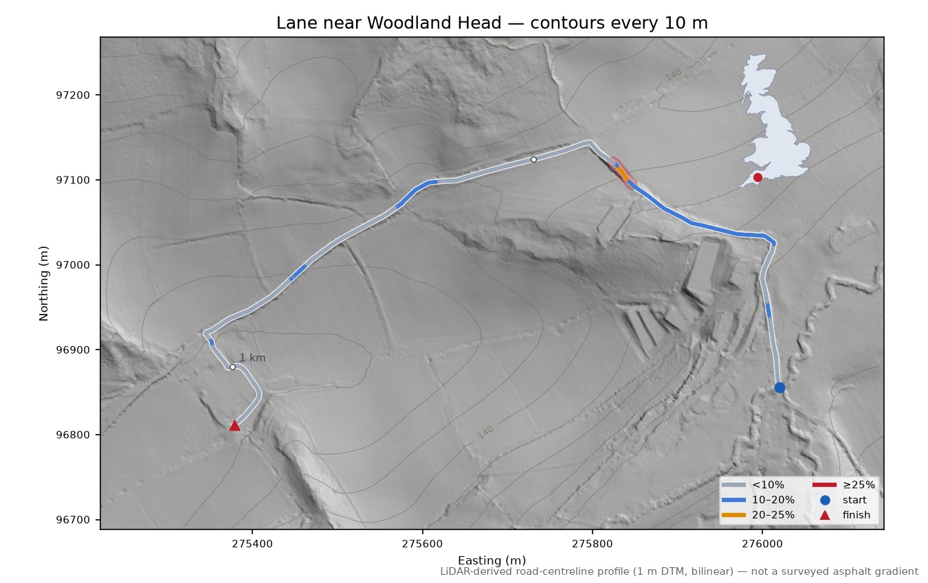 Lane near Woodland Head LiDAR hillshade map with contours
