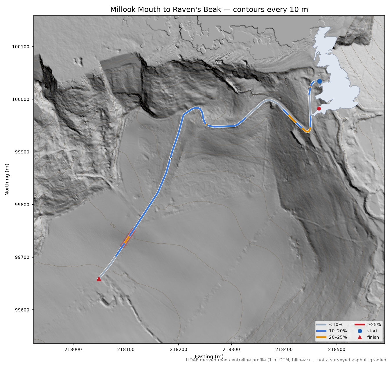 Millook Mouth to Raven's Beak LiDAR hillshade map with contours