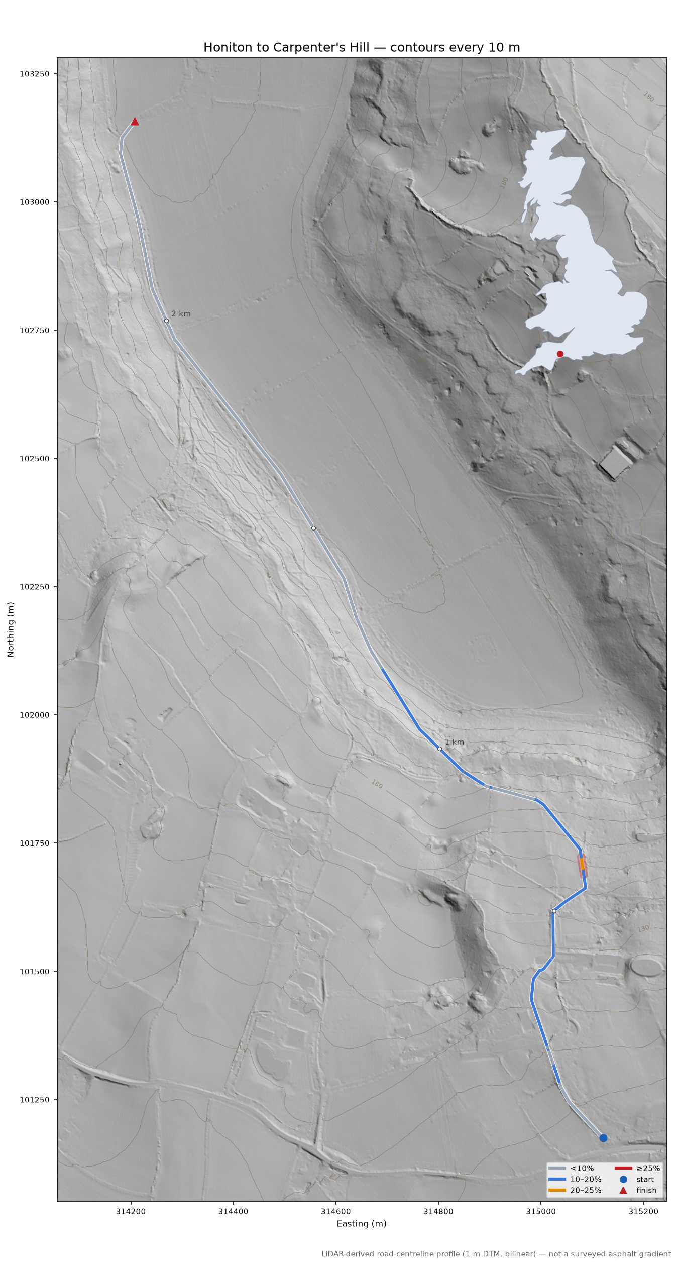 Honiton to Carpenter's Hill LiDAR hillshade map with contours