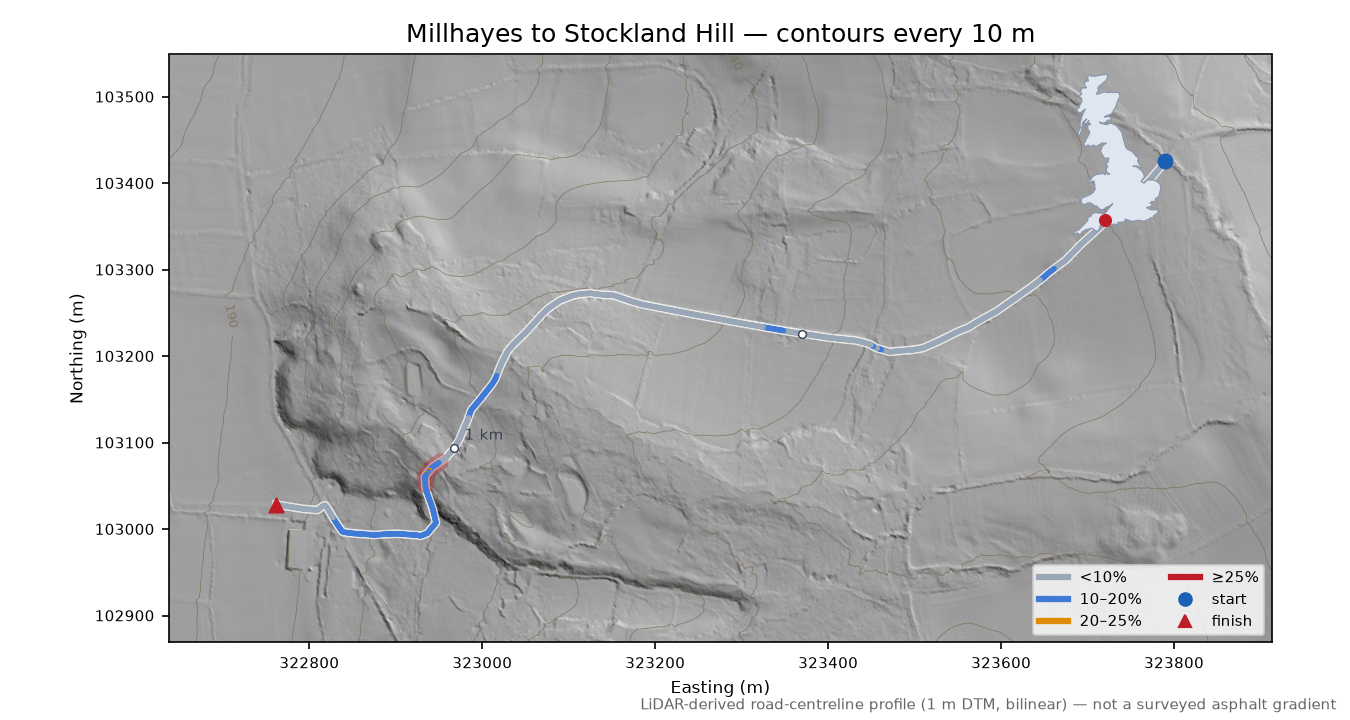 Millhayes to Stockland Hill LiDAR hillshade map with contours