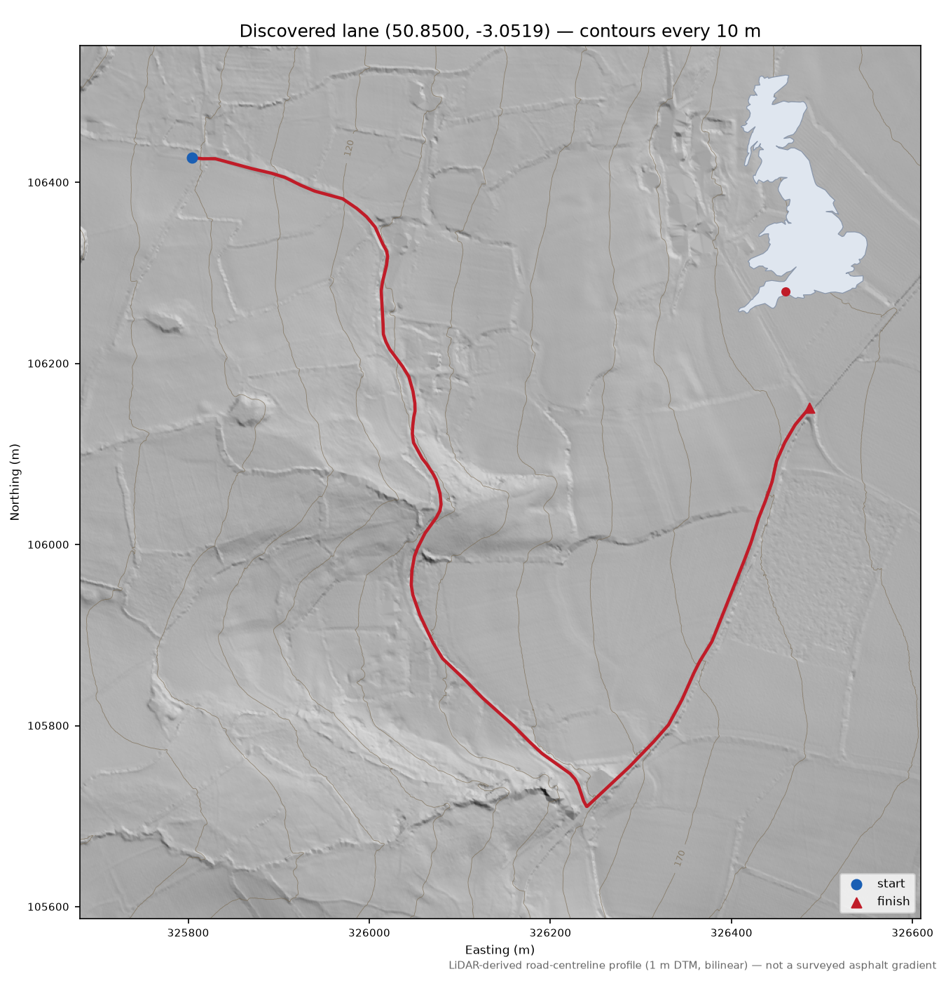 Discovered lane (50.8500, -3.0519) LiDAR hillshade map with contours