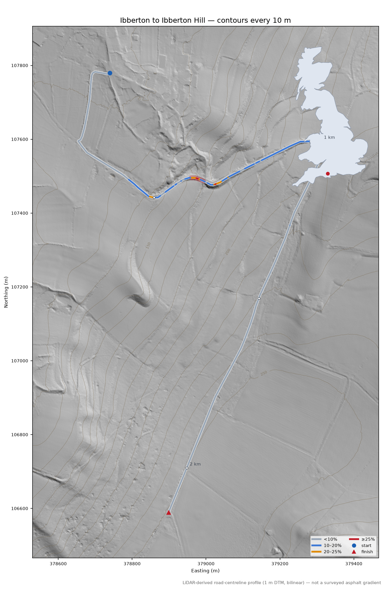 Ibberton to Ibberton Hill LiDAR hillshade map with contours