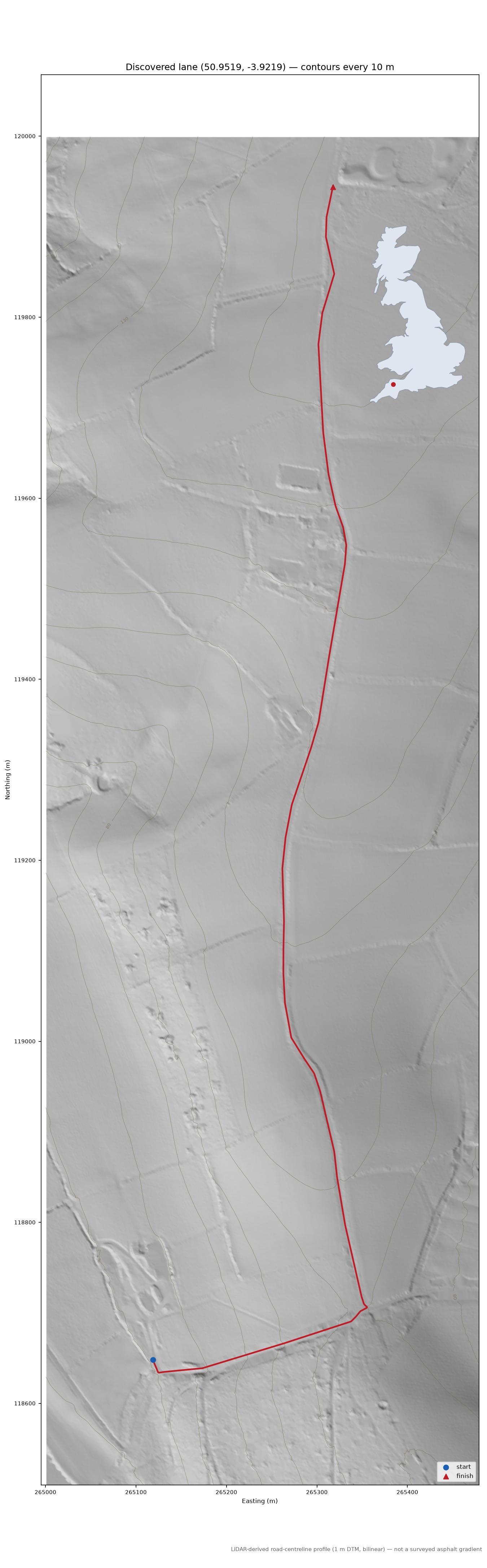 Discovered lane (50.9519, -3.9219) LiDAR hillshade map with contours