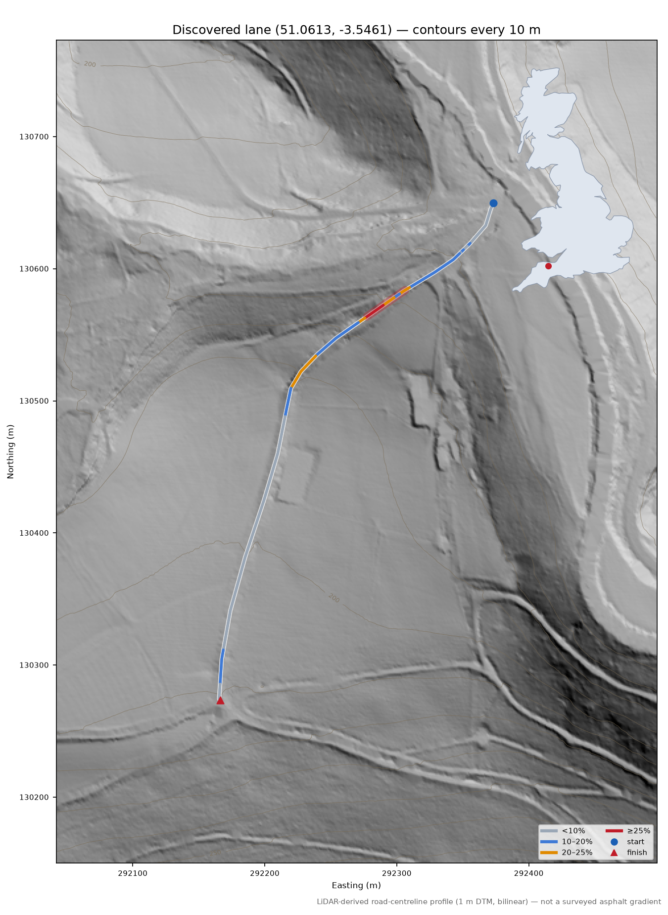 Discovered lane (51.0613, -3.5461) LiDAR hillshade map with contours