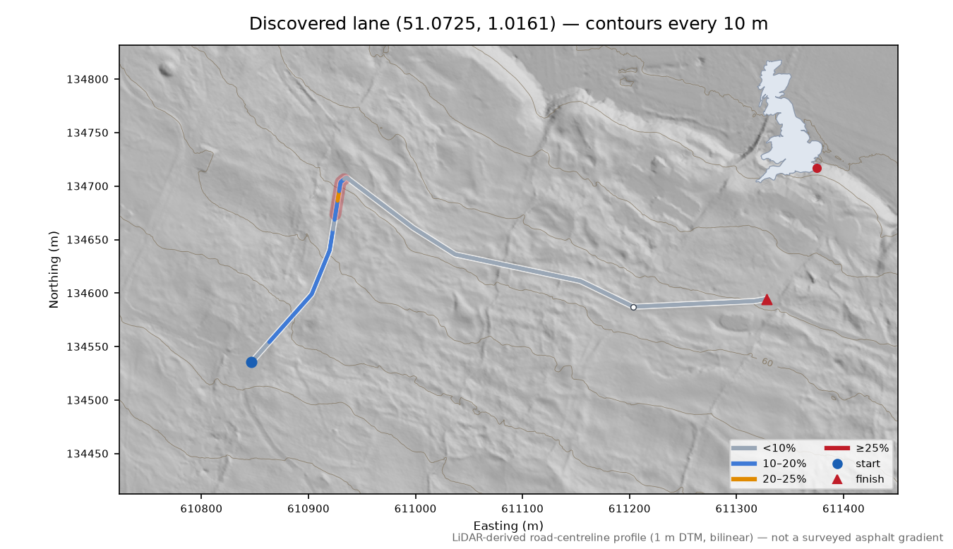 Discovered lane (51.0725, 1.0161) LiDAR hillshade map with contours