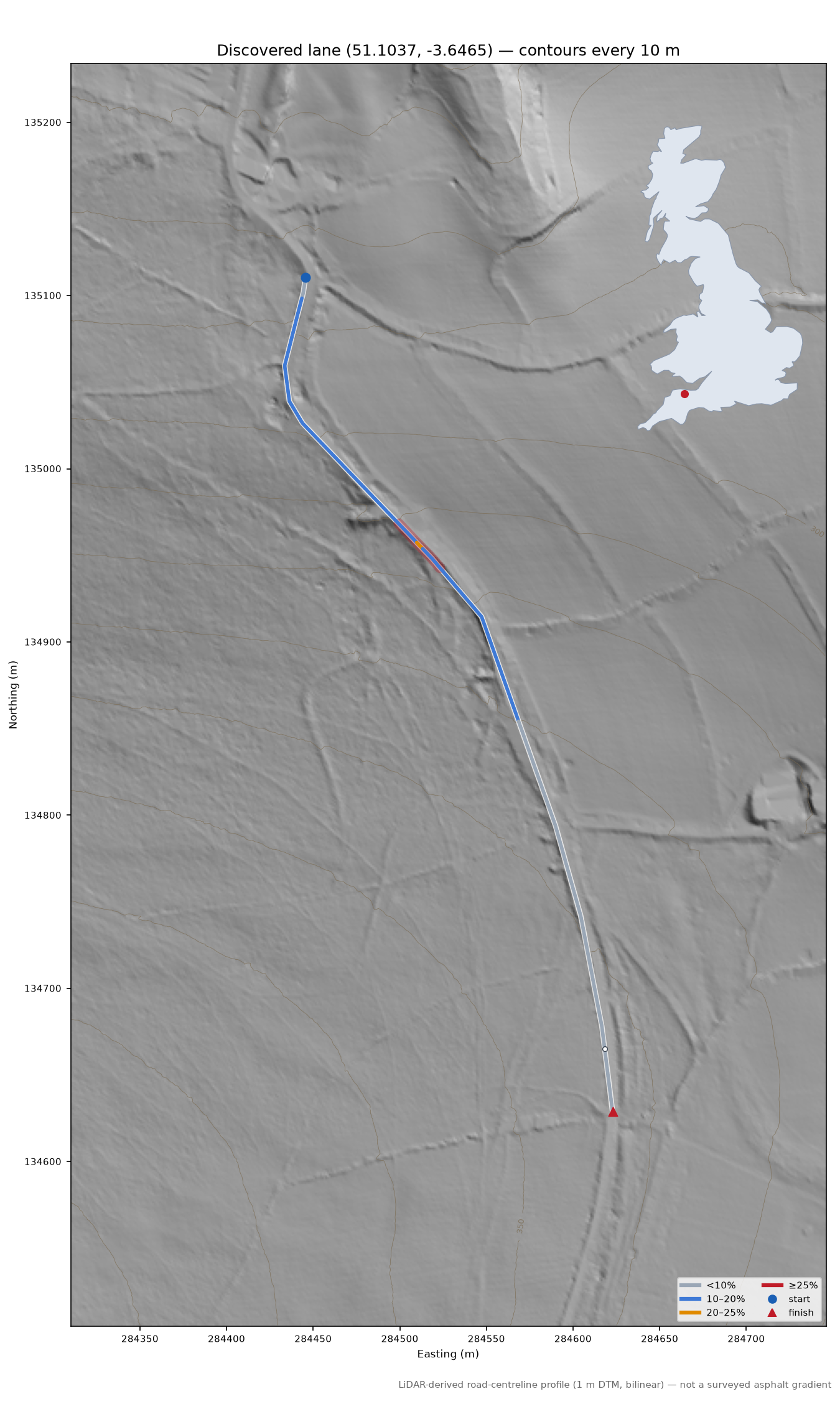 Discovered lane (51.1037, -3.6465) LiDAR hillshade map with contours