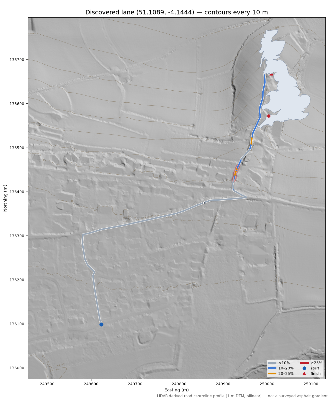 Discovered lane (51.1089, -4.1444) LiDAR hillshade map with contours