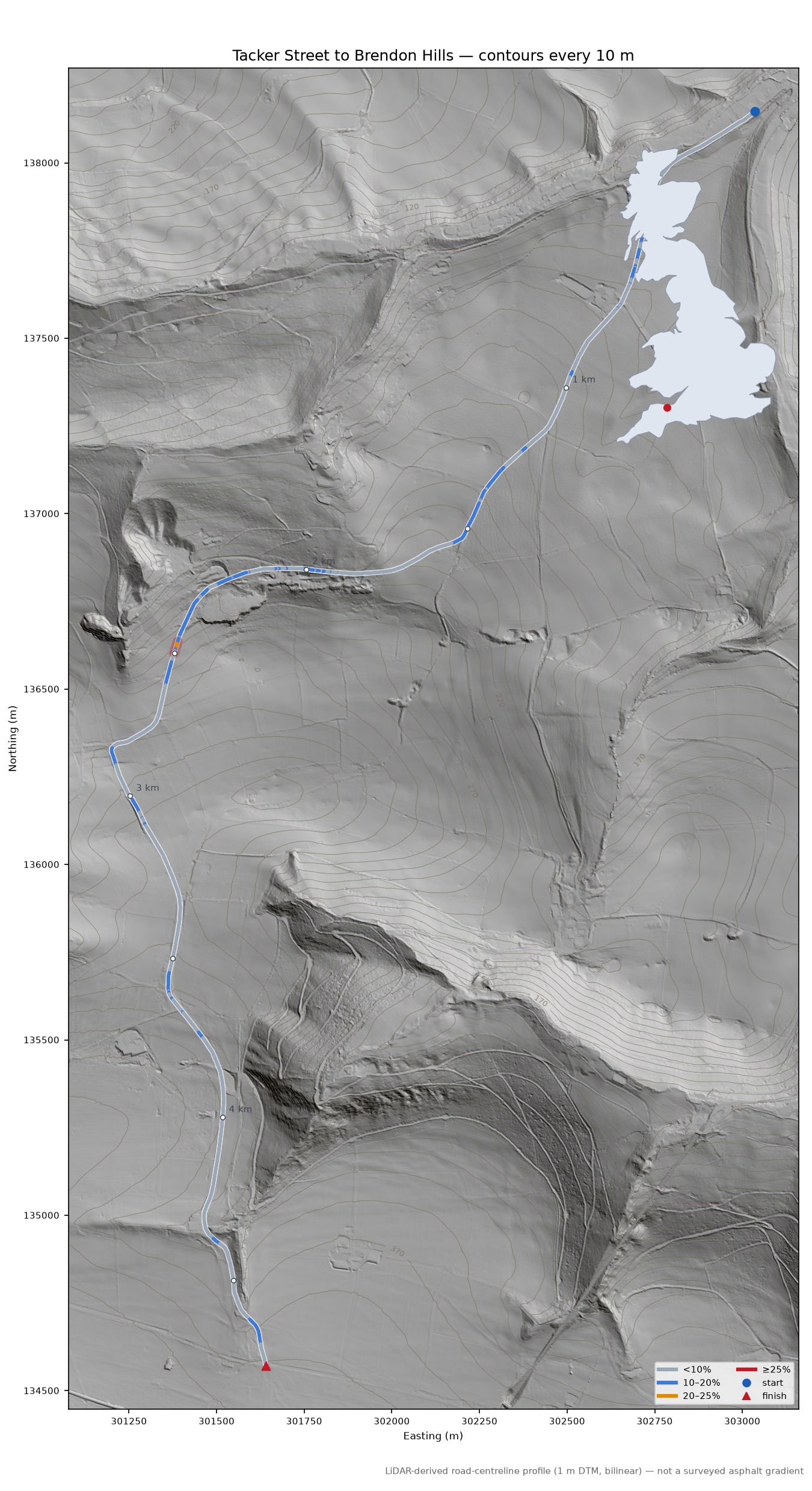 Tacker Street to Brendon Hills LiDAR hillshade map with contours