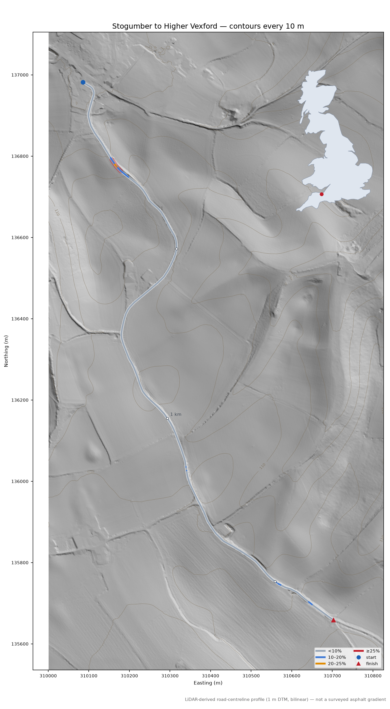 Stogumber to Higher Vexford LiDAR hillshade map with contours